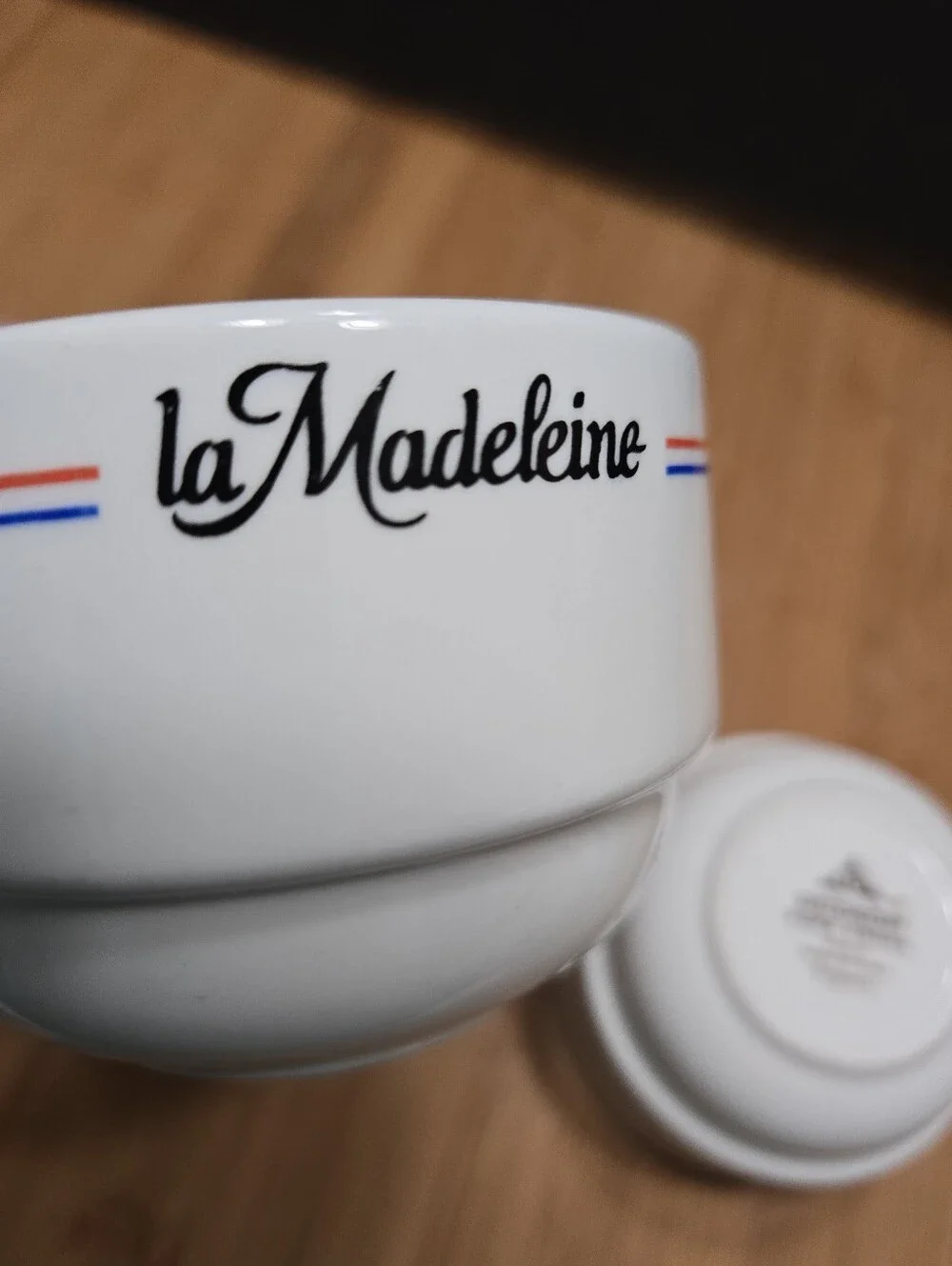 (2) La Madeleine French Cafe stacking custard cups or tea bowls Bon Appetit